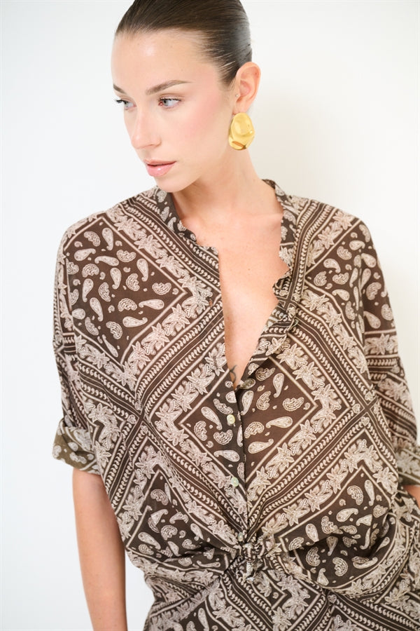 CAMICIA COREANA IN MUSSOLA CON STAMPA BANDANA MORO