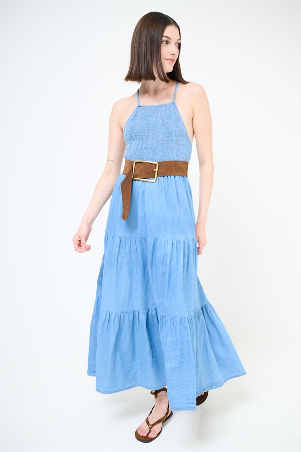 ABITO LUNGO PUNTO SMOKE + INTRECCIO DIETRO DENIM BLU CHIARO