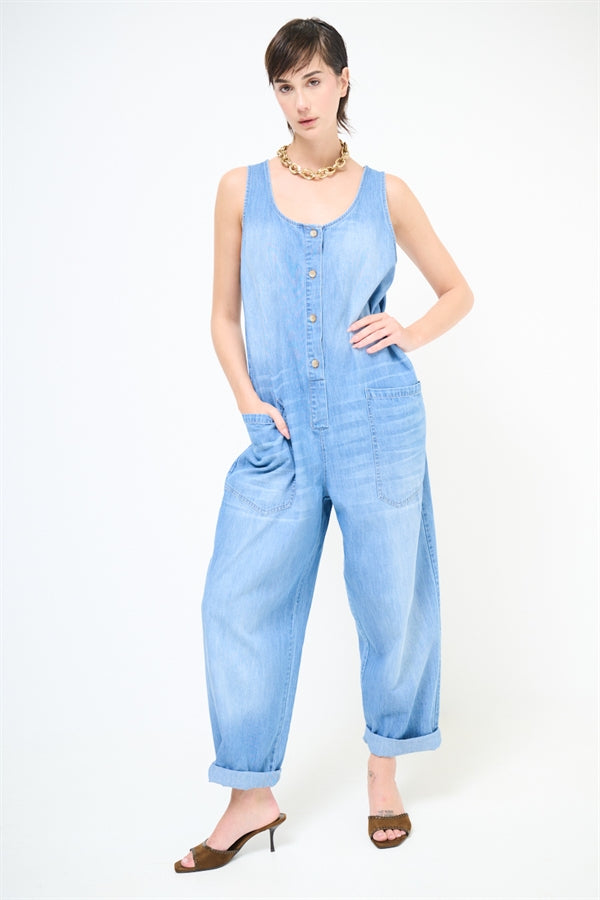 TUTA A PALAZZO SMANICATA IN DENIM BLU MEDIO