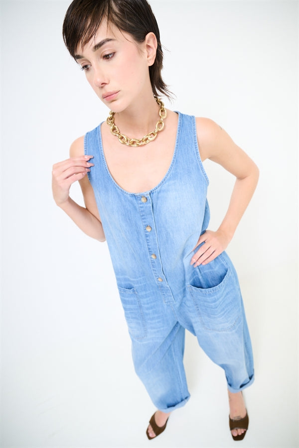 TUTA A PALAZZO SMANICATA IN DENIM BLU MEDIO