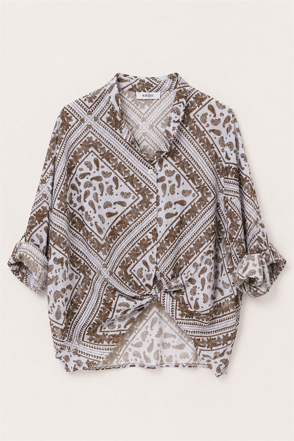 CAMICIA COREANA IN MUSSOLA CON STAMPA BANDANA CELESTE