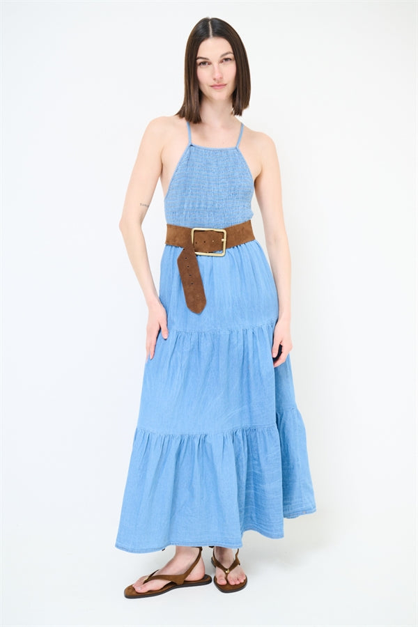ABITO LUNGO PUNTO SMOKE + INTRECCIO DIETRO DENIM BLU CHIARO