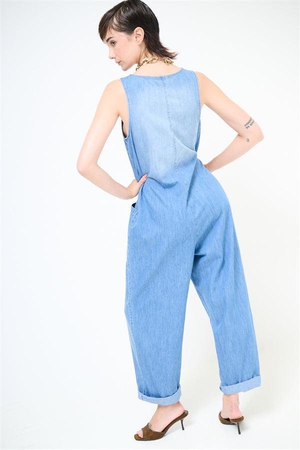 TUTA A PALAZZO SMANICATA IN DENIM BLU MEDIO