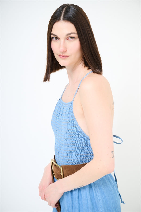 ABITO LUNGO PUNTO SMOKE + INTRECCIO DIETRO DENIM BLU CHIARO