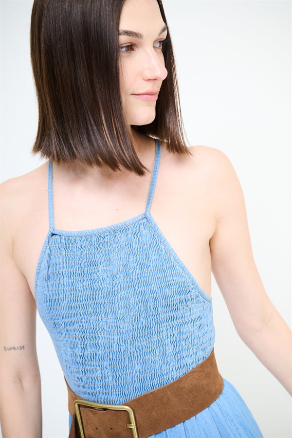 ABITO LUNGO PUNTO SMOKE + INTRECCIO DIETRO DENIM BLU CHIARO