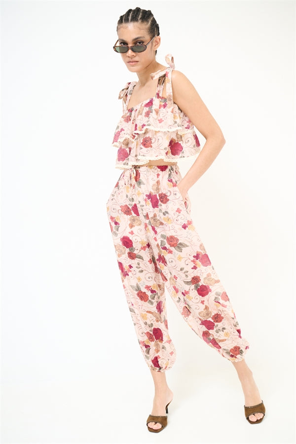PANTA BALLOON STAMPATO CON ELASTICI ROSSO INDIA