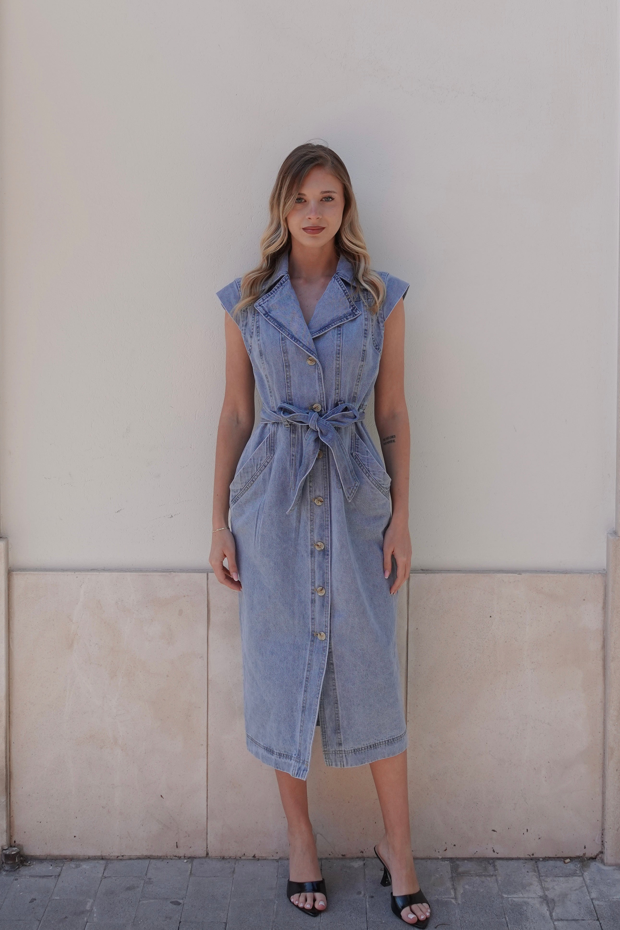 Abito Denim Belted Midi