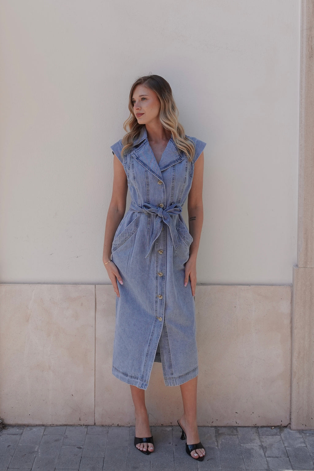 Abito Denim Belted Midi
