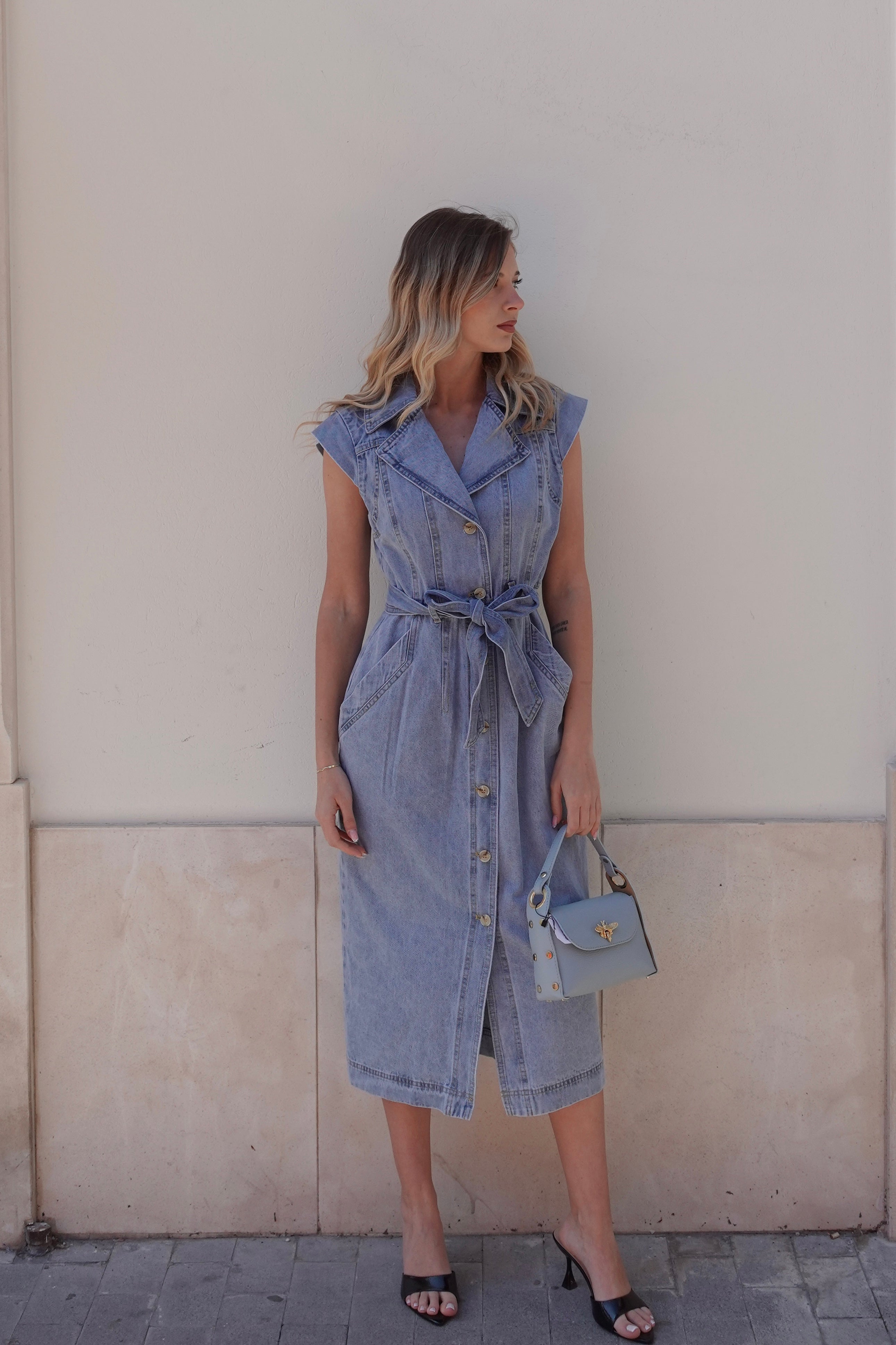 Abito Denim Belted Midi