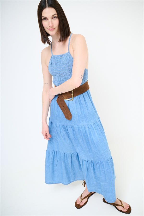 ABITO LUNGO PUNTO SMOKE + INTRECCIO DIETRO DENIM BLU CHIARO